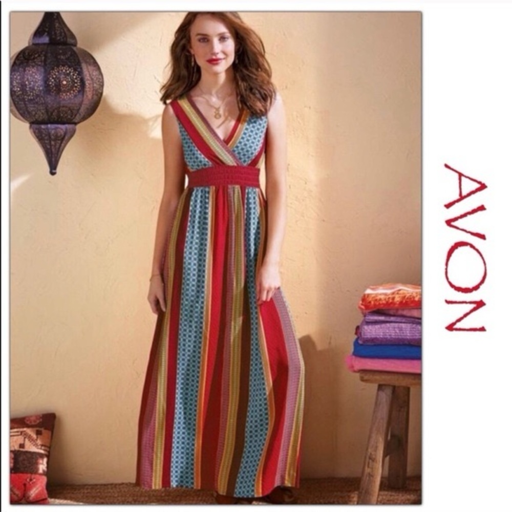 Avon 2X Boho Jewel Tone Maxi Dress V Neck Empire Waist Colorful Striped Plus SZ